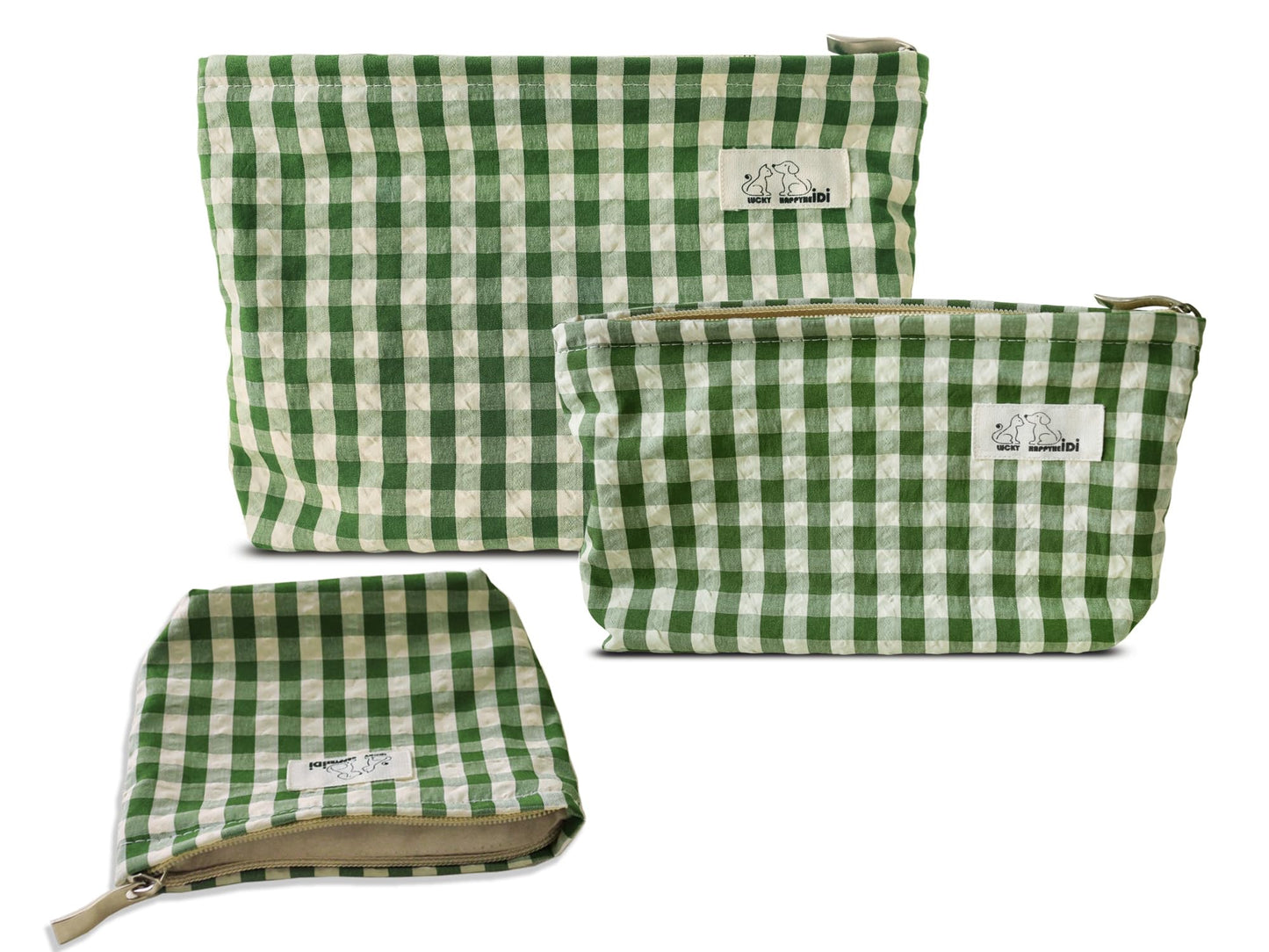 HAPPYHEIDI Nylon Checker Makeup Bag Set 3 with Compartment Cosmetic Toiletry Travel Pouch,Purse Accessory Organizer, 3-Size, Beige Green Plaid, Canvas Lined