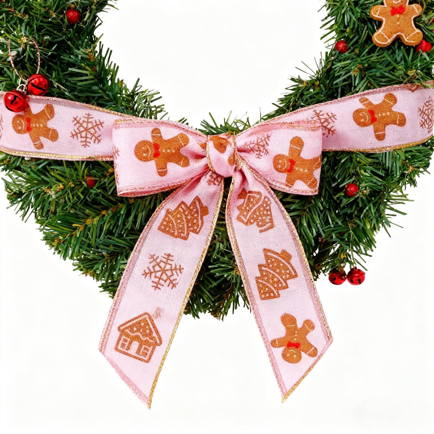 Meseey Pastel Pink Christmas Wired Ribbon 2.5 Inch 20Yards, Gingerbread Man Candy Cane Print Decor Ribbon for Xmas Tree Wreath Gift Craft