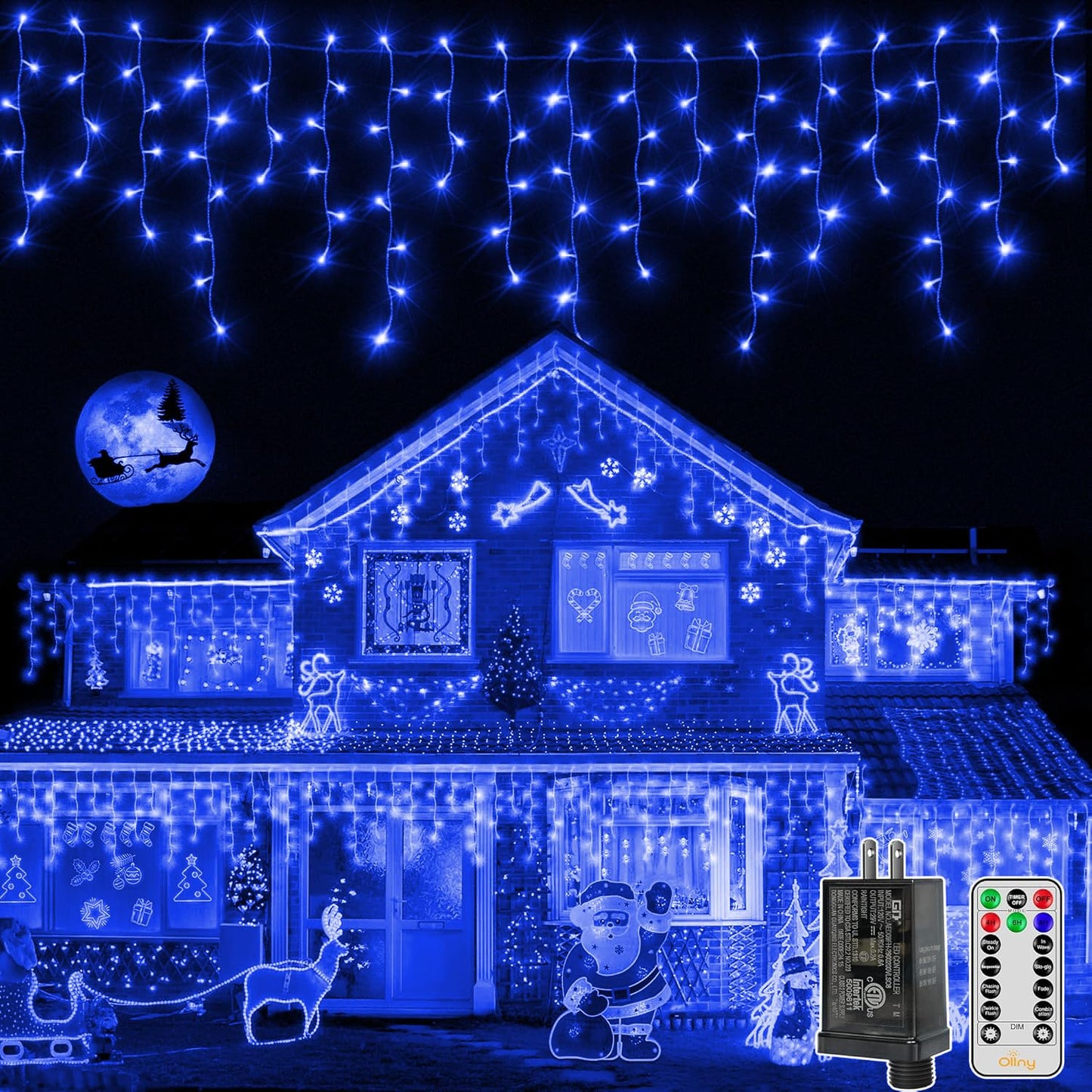 Ollny Icicle Lights for Outside 720LED 60FT, Blue Christmas Lights with Remote 8 Modes Dimmable, Waterproof Connectable Timer Hanging Light for House Outdoor Yard Indoor Decorations