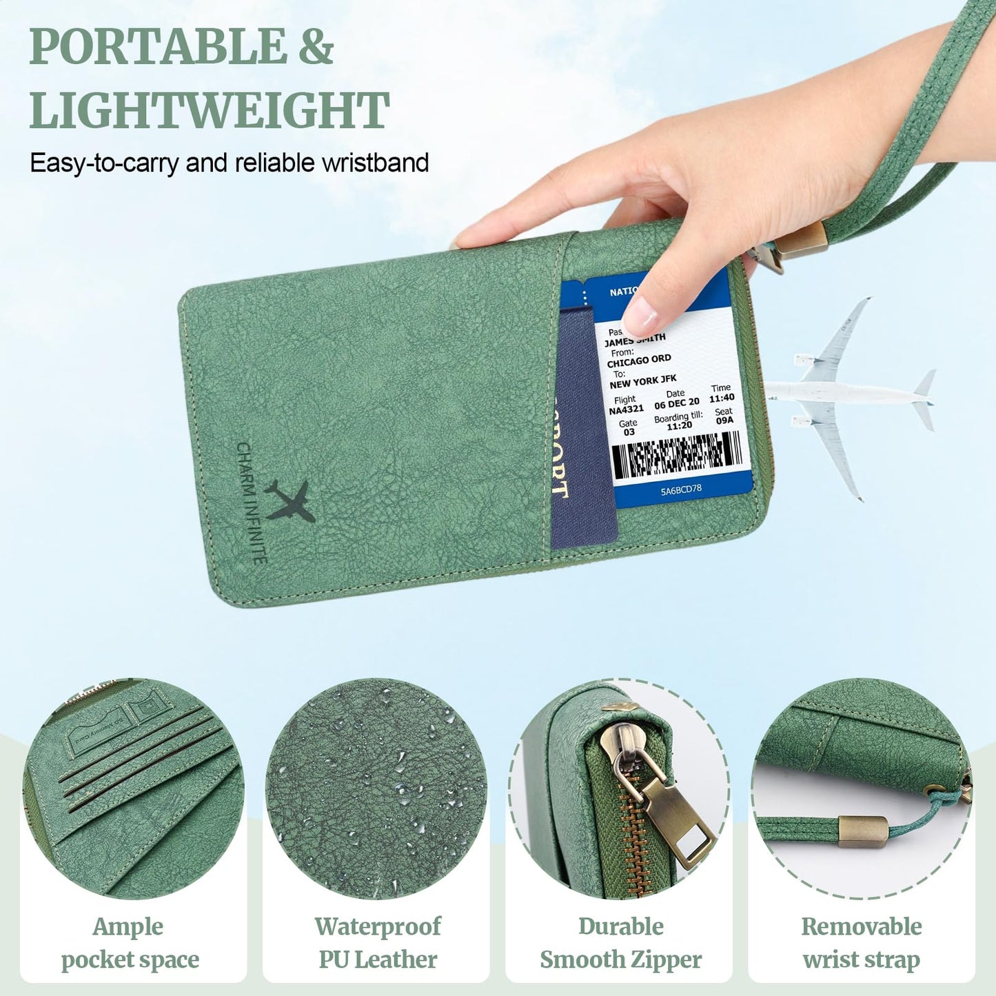 Family Passport Holder Wallet with Zipper, RFID Blocking Travel Document Organizer for Women Men, Portable Case Cover for Cards, Boarding Pass, ID, Money, Tickets with Wrist/Neck Strap