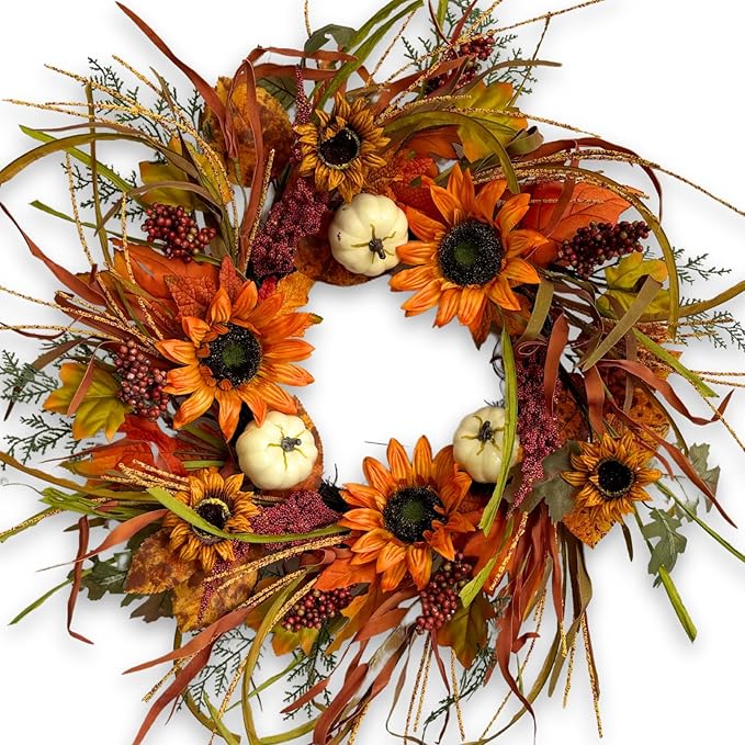 Jobflower Fall Wreaths for Front Door 24 Inch – Autumn Sunflower and Pumpkin Wreath for Halloween, Thanksgiving, Farmhouse Indoor Outdoor Wall or Porch Decor