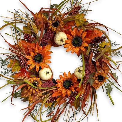 Jobflower Fall Wreaths for Front Door 24 Inch – Autumn Sunflower and Pumpkin Wreath for Halloween, Thanksgiving, Farmhouse Indoor Outdoor Wall or Porch Decor