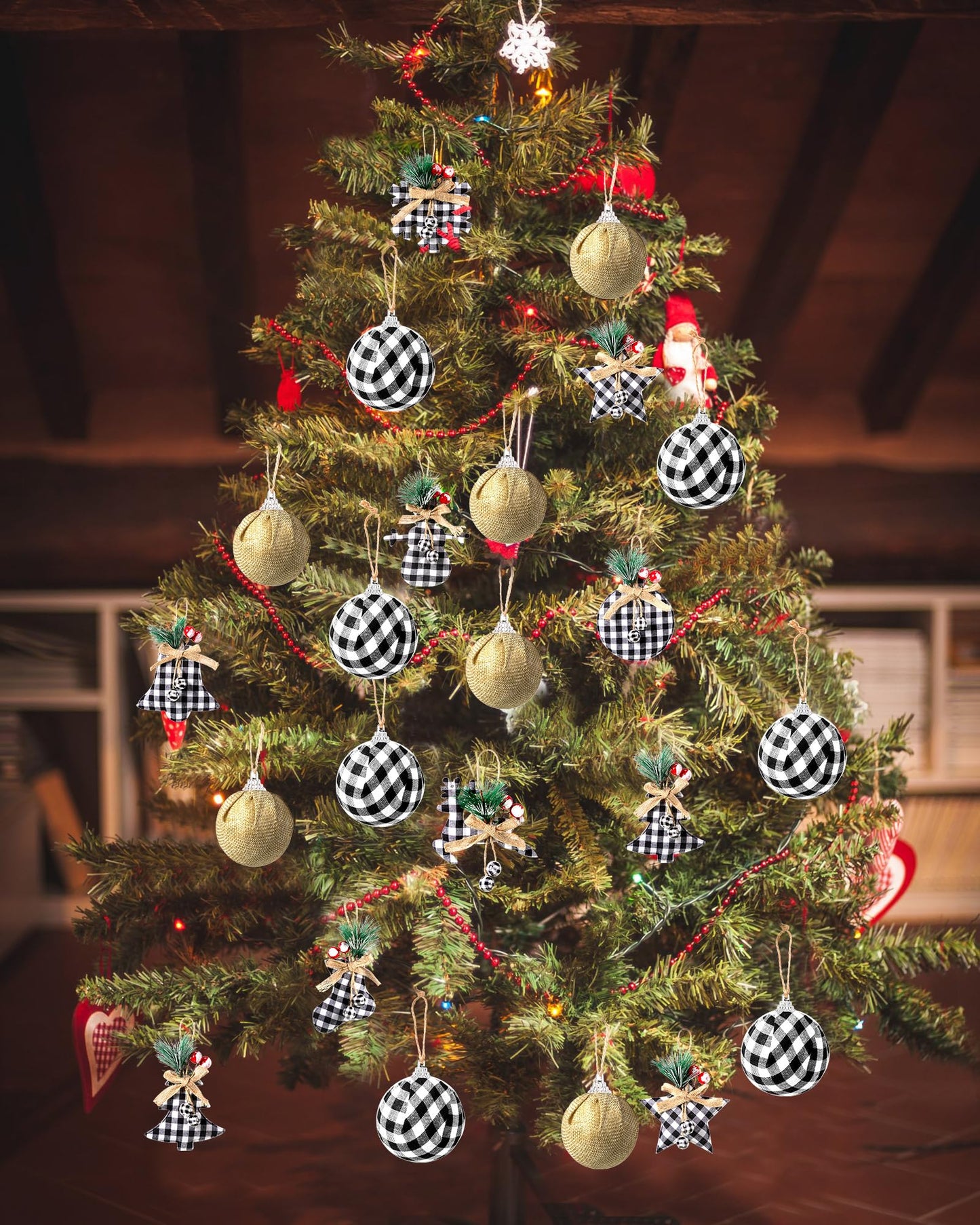 Sratte 20 Pcs Rustic Christmas Tree Ornaments Set 2.5" Hanging Burlap Plaid Ball 3.1"-6" Red/White Black Buffalo Check Ball for Farmhouse Christmas Ornaments Country Xmas Decorations (White,Black)