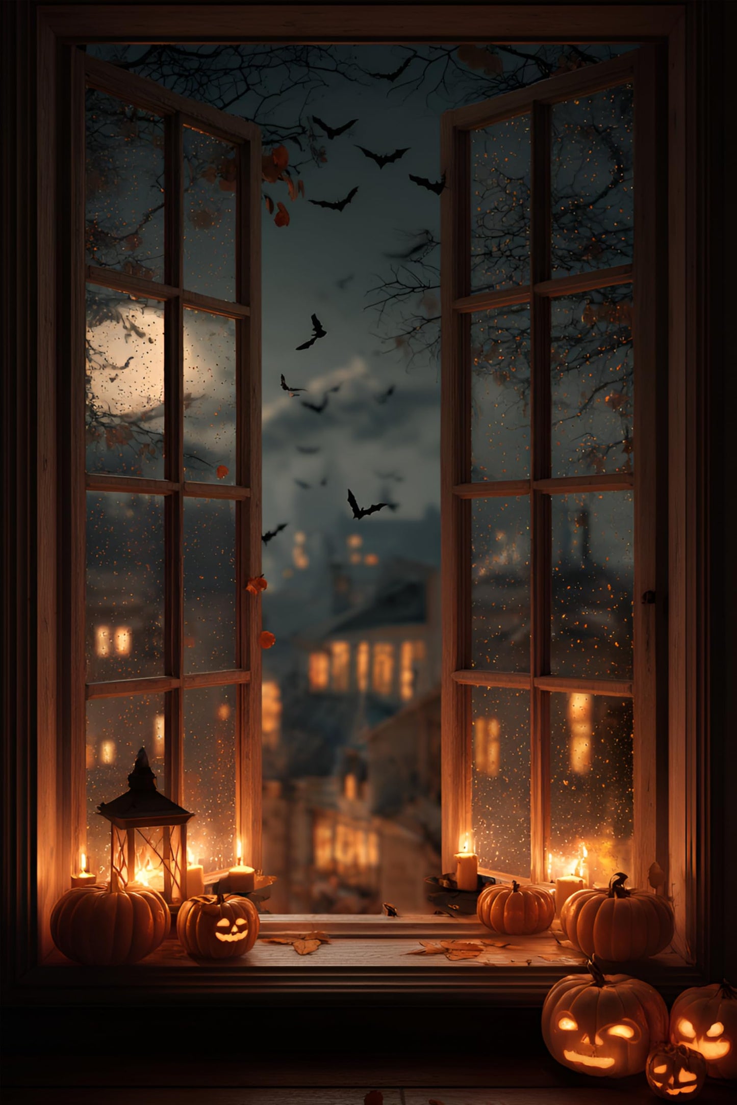 WOOHOOROO Halloween Fake Window Sticker–Peel and Stick 3D Jack O Lantern Pumpkins Bats Haunted House Wall Decor,48" x 32"