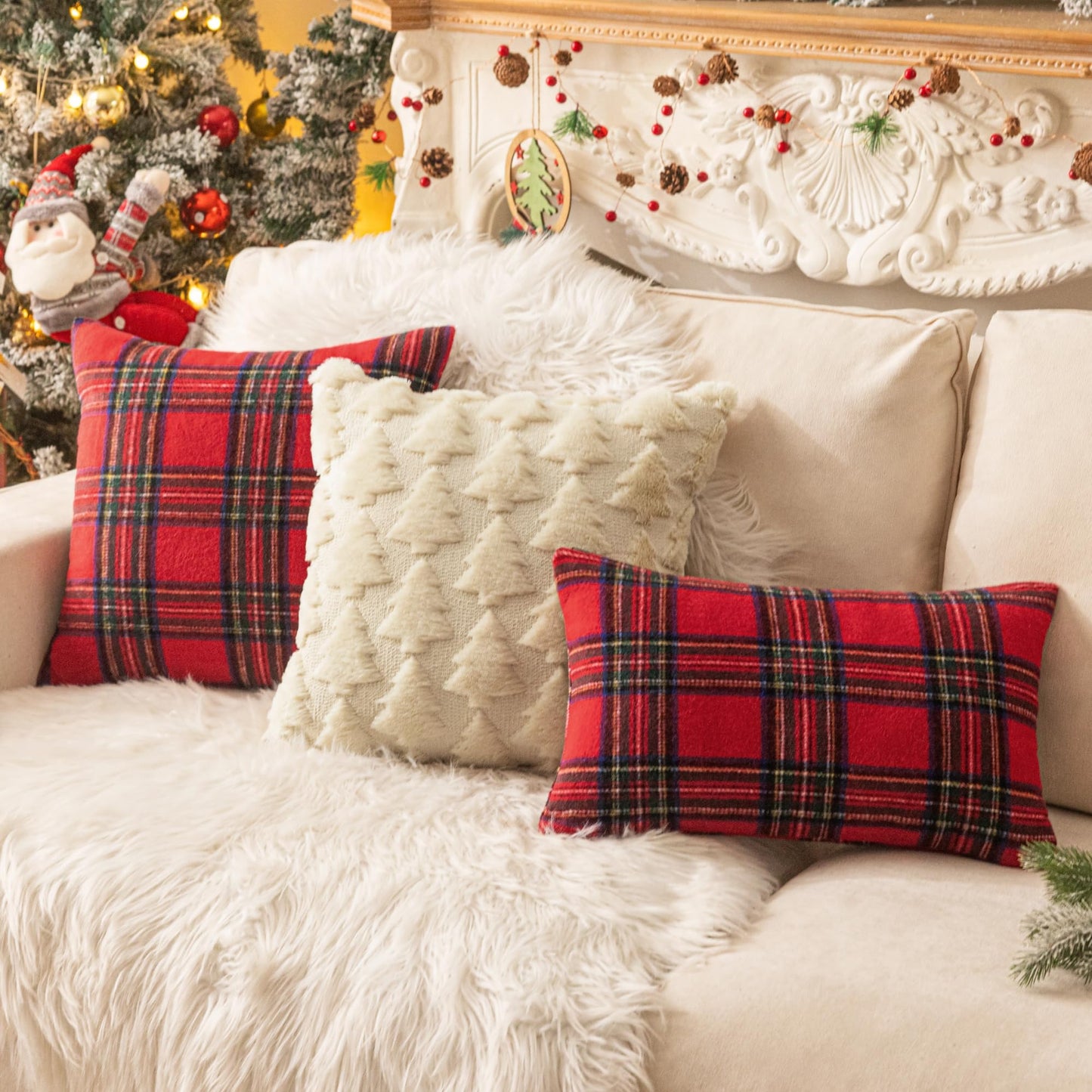 AQOTHES Christmas Plaid Throw Pillow Covers Set of 2 Scottish Tartan Winter Farmhouse Cushion Cover for Couch Sofa Bed Porch Home Holiday Decor Red 24 x 24 Inch