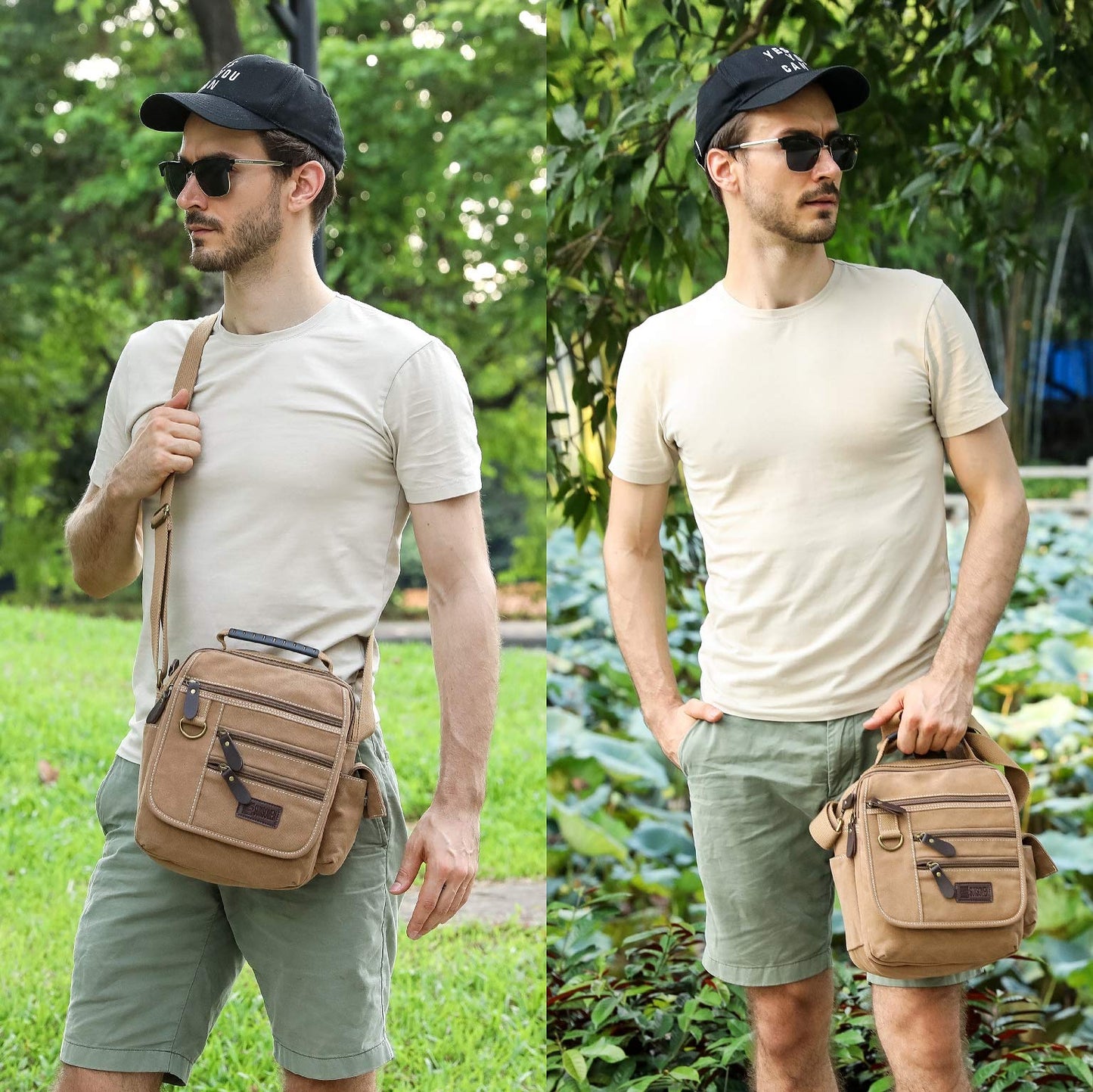 SUNSOMEN Mens bag Canvas Shoulder Bag Small Messenger Crossbody Work Bag Vintage Multi-function(Army green)