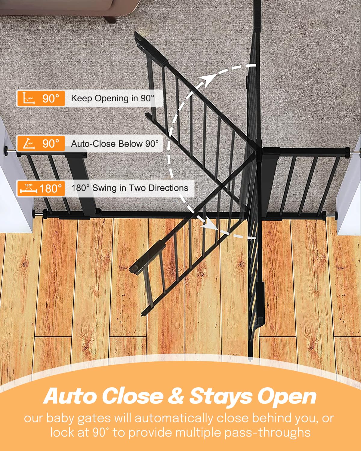 Papacare 42" Extra Tall Baby Gate for Stairs Doorways, Fits Openings of 29.5" to 40.5" Wide, Auto Close Extra Wide Baby and Pet Gate for Doorways and Stairways,Pressure Mounted Dog Gates, Black
