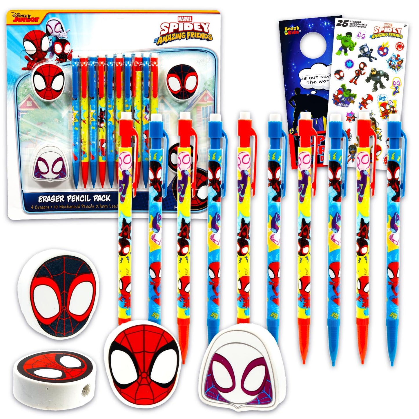 10 Count Spidey and His Amazing Friends Mechanical Pencils for Classroom Set - School Supplies Bundle with 10 Pencils, 4 Erasers, Plus Stickers, More | Spidey and Friends School Supplies for Kids