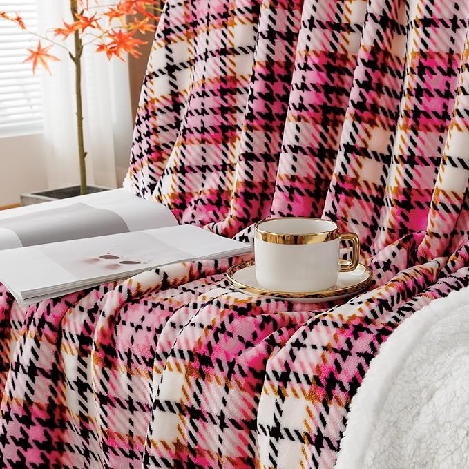 Touchat Sherpa Plaid Throw Blanket, 60" X 70" Fuzzy Fluffy Cozy Soft Blanket, Fleece Flannel Plush Twin Size Microfiber Blanket for Couch Bed Sofa, Black&Pink