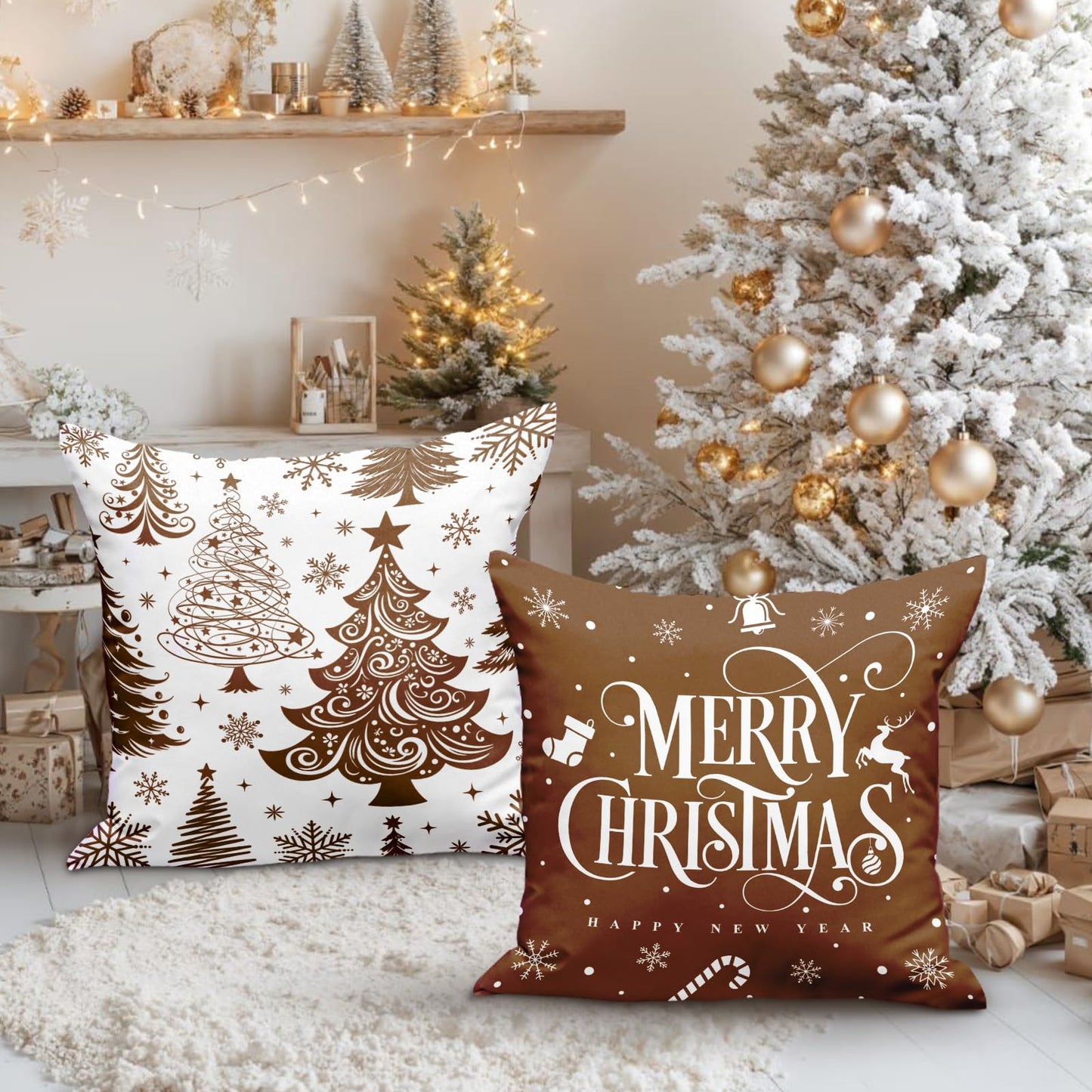 Lanpn Christmas Throw Pillow Covers 18x18 Set of 4, Merry Christmas Winter Xmas Snowflake Decorative Holiday Cushion Pillow Cases 18 x 18 for Outdoor Indoor Farmhouse Home Room Couch Decor (Brown)