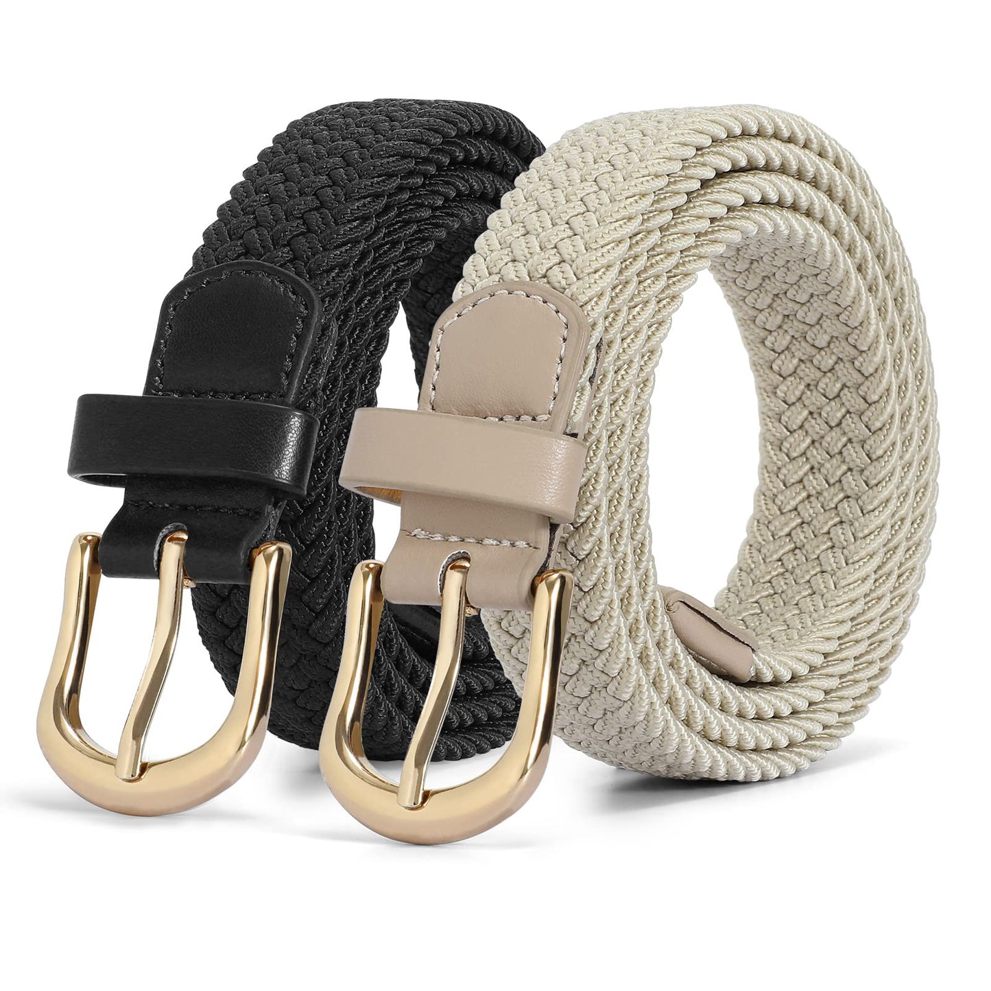 JASGOOD 2 Pack Braided Belts for Women, 1'' Narrow Width Elastic Woven Stretch Fabric Cloth Belts with Gold Buckle