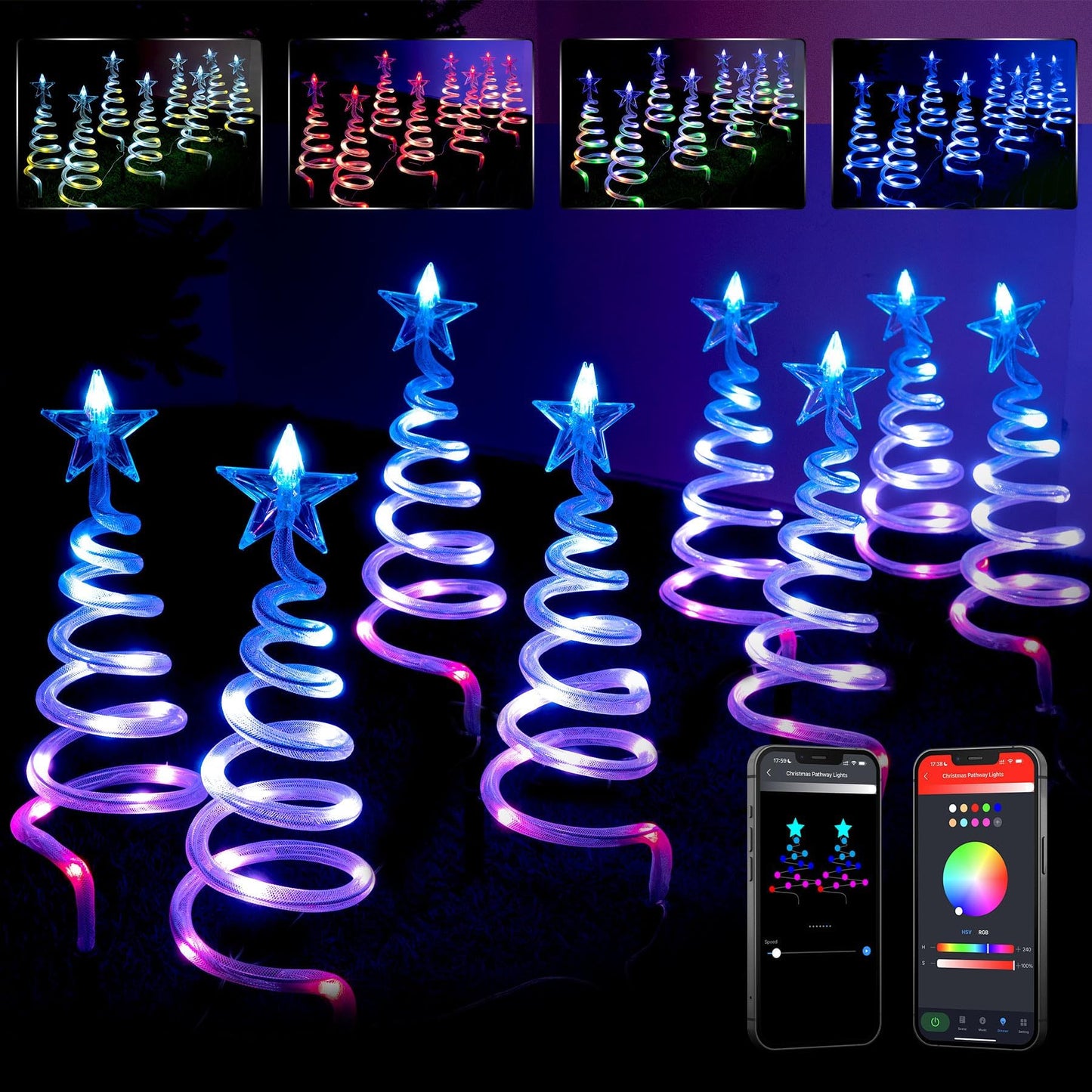 8 Pack Christmas Pathway Lights Outdoor, Spiral Christmas Tree Path Lights, Christmas Yard Decorations Outdoor, Spiral Lighted Christmas Tree for Yard-APP Control Music Schedule Waterproof 1.5FT*8