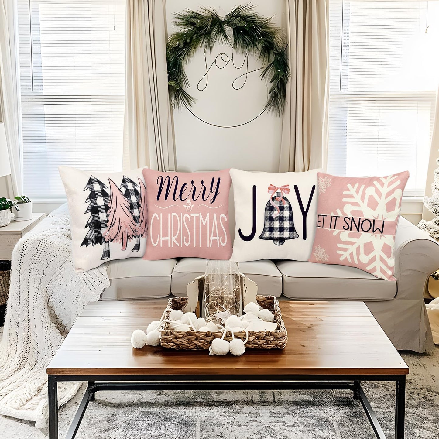 Geefuun Rose and Gold 18 x 18 Christmas Pillow Covers Decorations Indoor Home Pink Decor Set of 4 - Xmas/Holiday/Winter Bedroom Decorative Pillowcase for Couch, Bed（No Fillers）