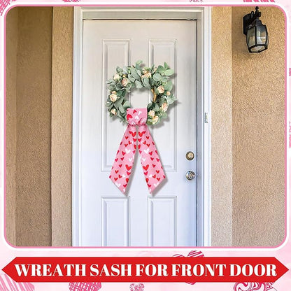 Wreath Sash for Front Door Wreath Satin Sash Blank Sashes Embroidery Monogram Yard Doorway Indoor Outdoor Wall Ribbon Bow Home Decor(Red, Pink,Romantic Heart Print)
