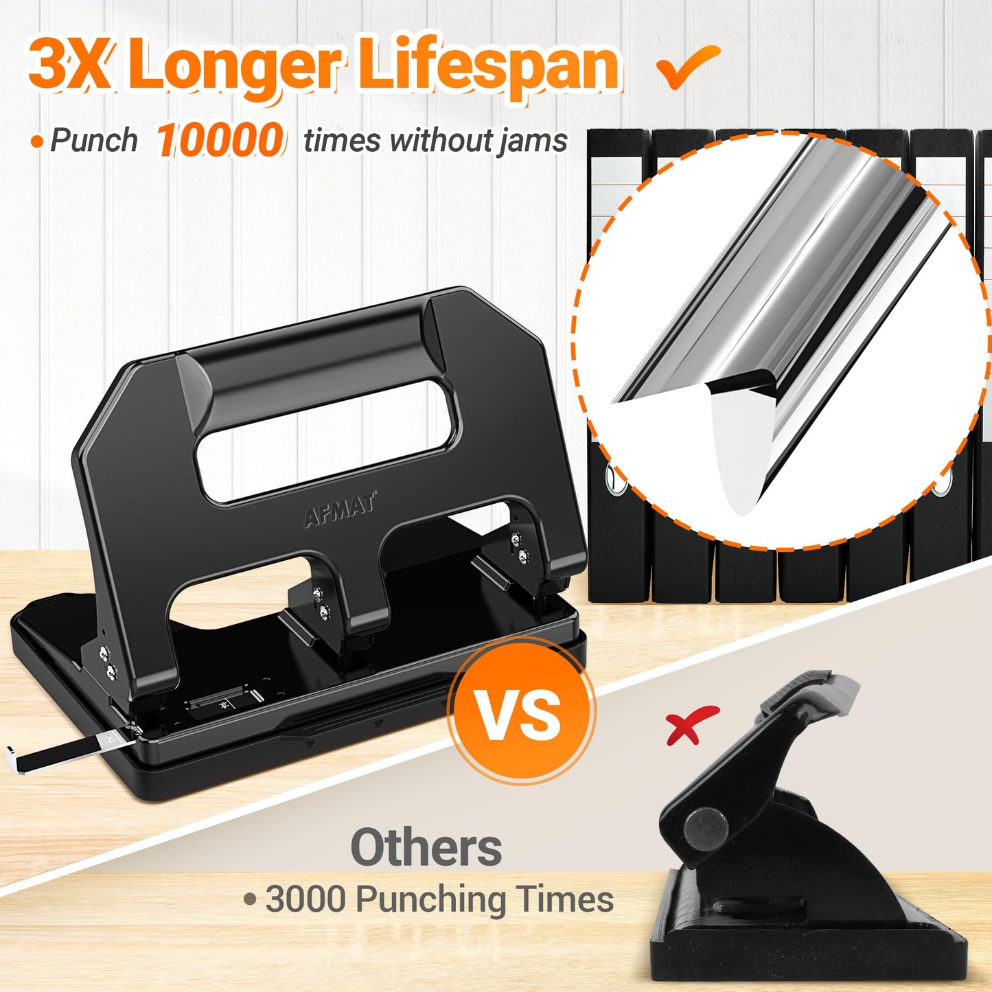 AFMAT HPX1 Heavy Duty 3 Hole Punch, 3 Hole Puncher for Binder, 40-Sheet Three Hole Punch w/ 10000+ Uses, Metal Hole Puncher 3 Ring, 50% Reduced Effort, Bulit-in S.S. Paper Guide (Black)