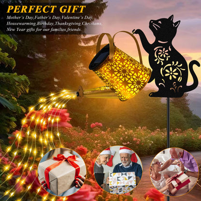 ostritec Solar Lights Outdoor Decorative, Watering Can with Cascading Lights, with Cat Silhouette Garden Stakes, Waterproof Metal Garden Decor for Yard Art, Outside, Patio, Lawn Ornaments