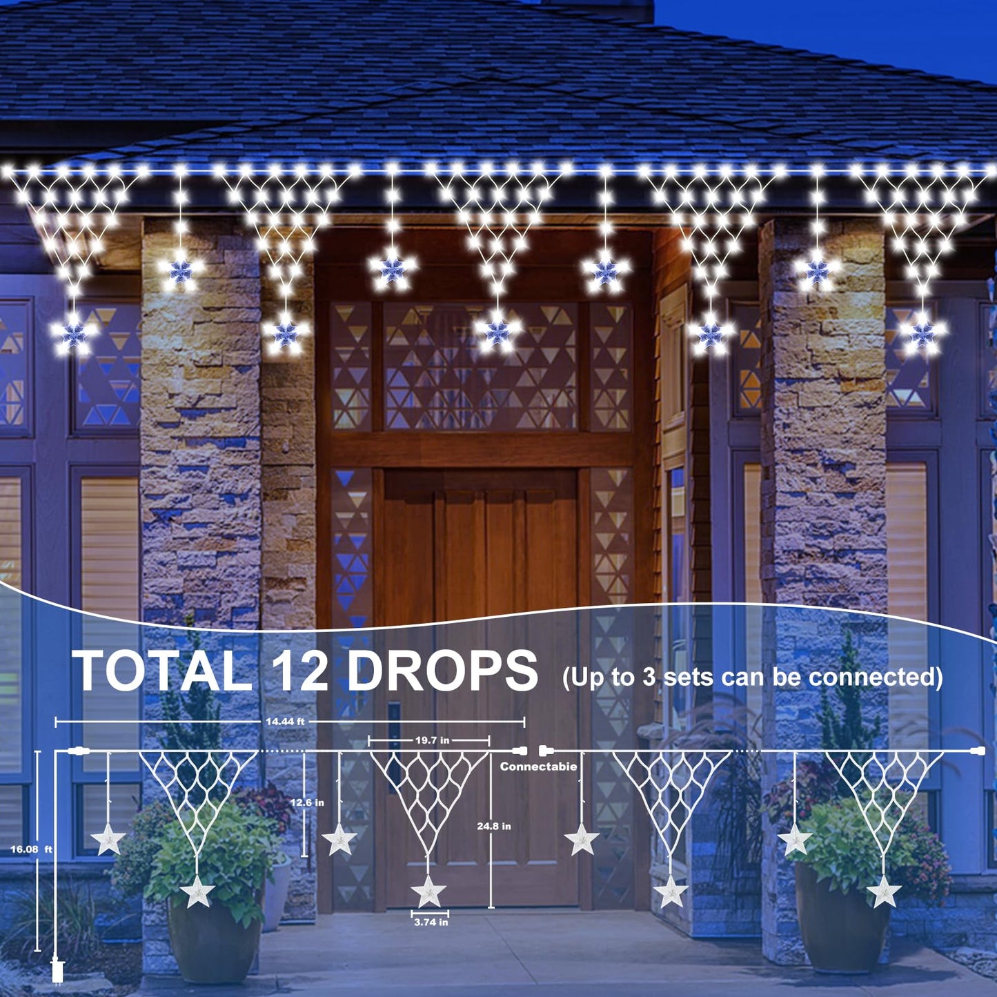 Ramadan Outdoor String Lights Waterproof, 218 LED 13.8FT Star Curtain Fairy Lights with 12 Drops Connectable Clear Wire Christmas Light Decorations 8 Modes for Eaves Yard Wedding Party Holiday Decor