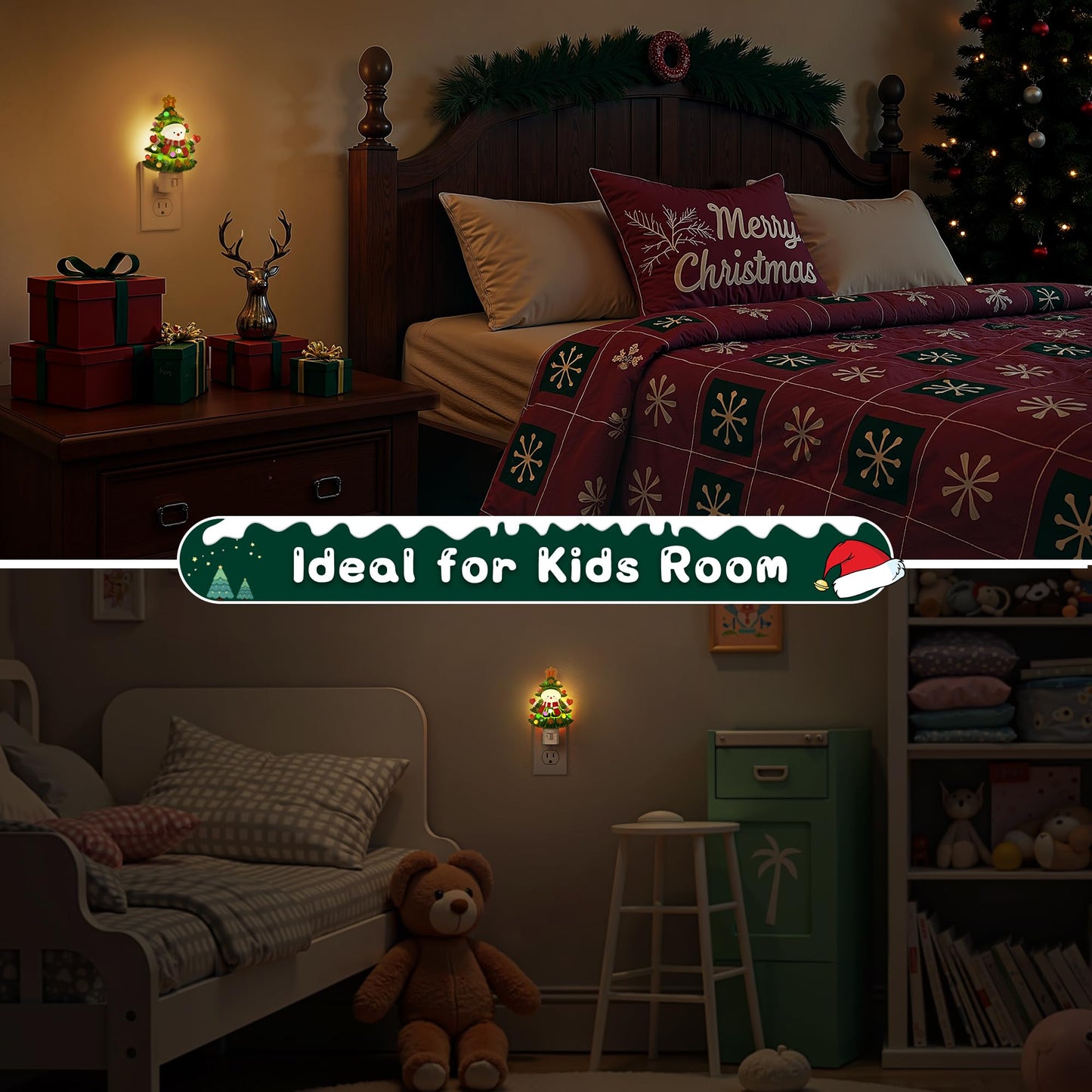 L LOHAS LED Christmas Tree & Snowman Night Light, 3000K Warm White Plug-In Night Light, Cute Resin Holiday Decor with 360° Rotatable Plug for Kids Room, Party & Home, 1 Pack