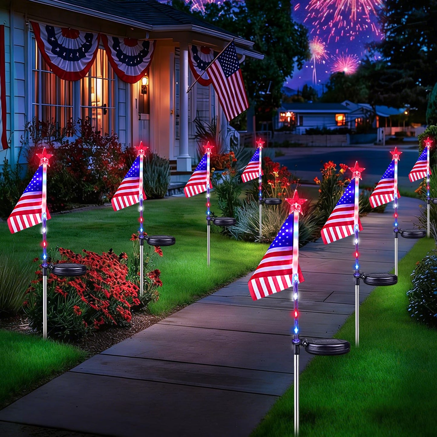 8 Pack American Flag Solar Lights Outdoor, 4th of July Decorations Red White and Blue Star Lights, 2 Modes Waterproof Solar Patriotic Lights for 250th Anniversary Independence Memorial Day Garden Yard