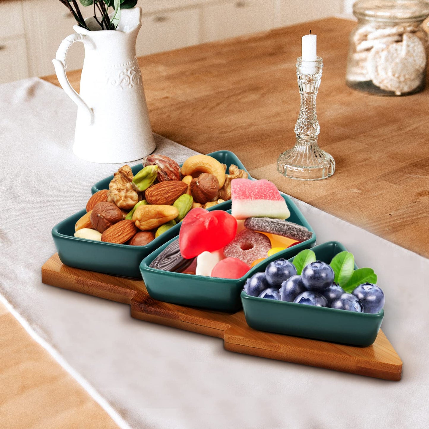 UPKOCH Christmas Tree Shaped Ceramic Snack Trays with Wooden Base, Tree Shaped Candy Dish Green Appetizer Plates for Nuts, Candy Dessert, Holiday Party Serving Platter, 10.38in