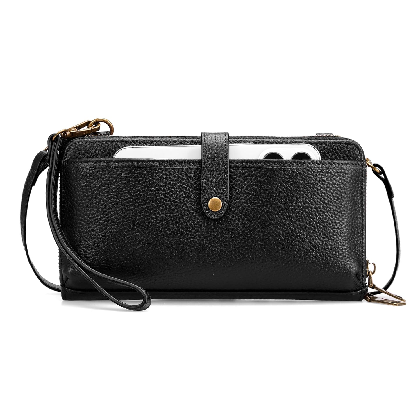befen Genuine Leather Wristlet Wallets for Women, Black Cell Phone Purse with Built in Wallet Soft Real Leather Crossbody Bag with RFID Blocking Travel Small Cluth Purse with Wrist and Crossbody Strap