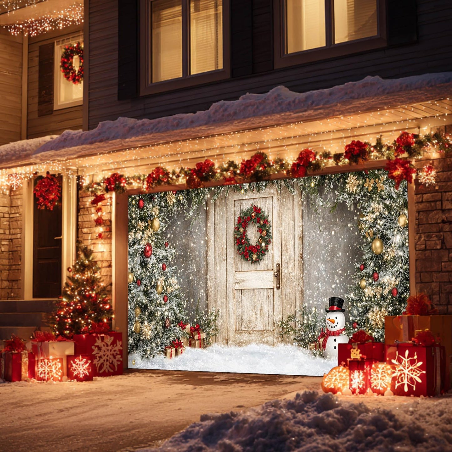 HOMETITUTE Christmas Garage Entryway Banner 13x6ft Gray Wall with Wooden Entryway Decoration Featuring Xmas Trees Snowman Gift BoxesSnowflakes and Lights for Outdoor Holiday Backdrop