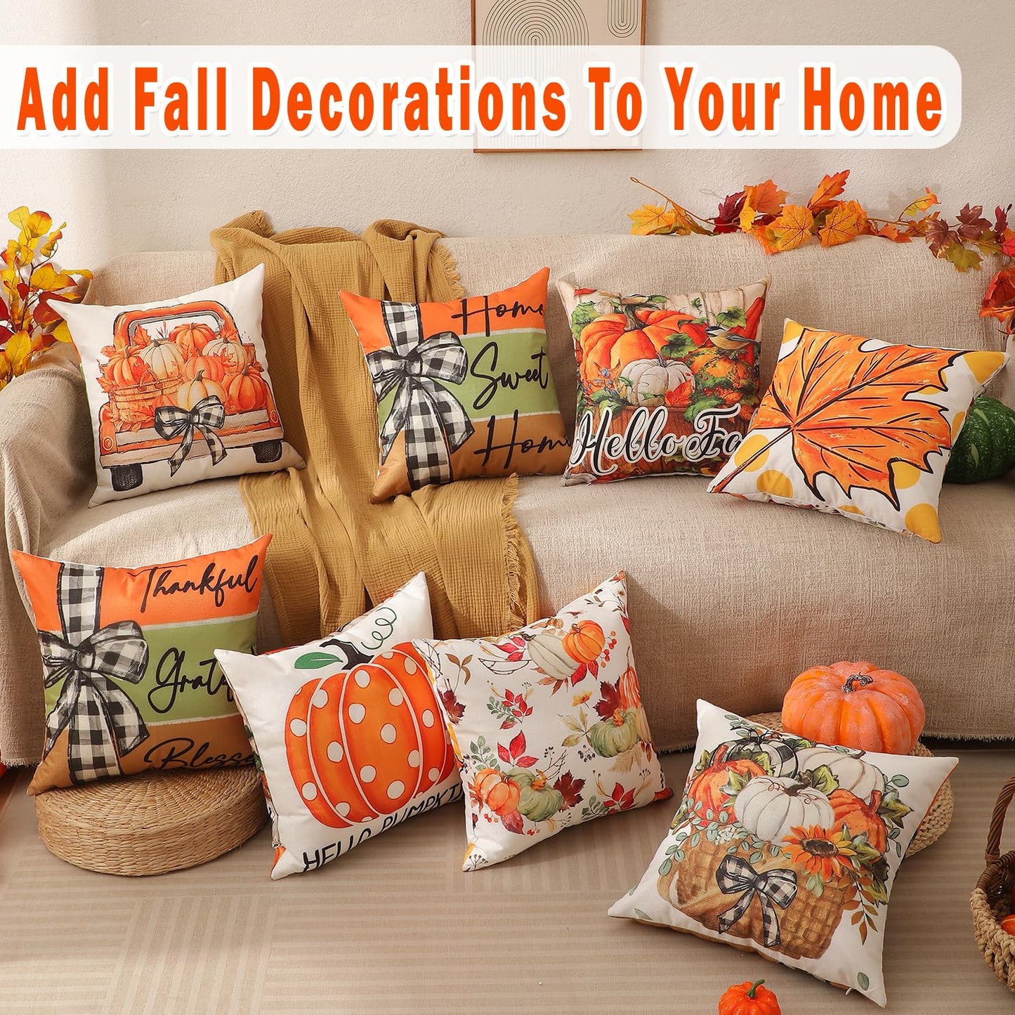 Fall Decorations Set Of 4 Double-Sided Print Fall Pillow Covers with 8 Cute Autumn Decor Patterns, Elegant Invisible Zipper, 20" x 20" Soft Linen Throw Pillow Covers for Outdoor & Indoor Use