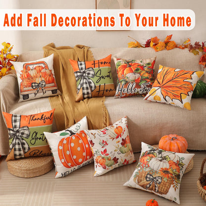 Fall Decorations Set Of 4 Double-Sided Print Fall Pillow Covers with 8 Cute Autumn Decor Patterns, Elegant Invisible Zipper, 20" x 20" Soft Linen Throw Pillow Covers for Outdoor & Indoor Use