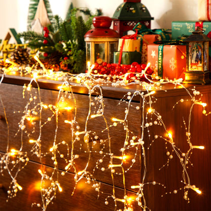 Riakrum 16.5 ft Christmas Berry Beaded Garland String Light Christmas Mantle Decor Pre-lit Warm LED Lights Lighted Battery Operated Winter Garland for Xmas Tree Staircase Home Indoor Decor(White)