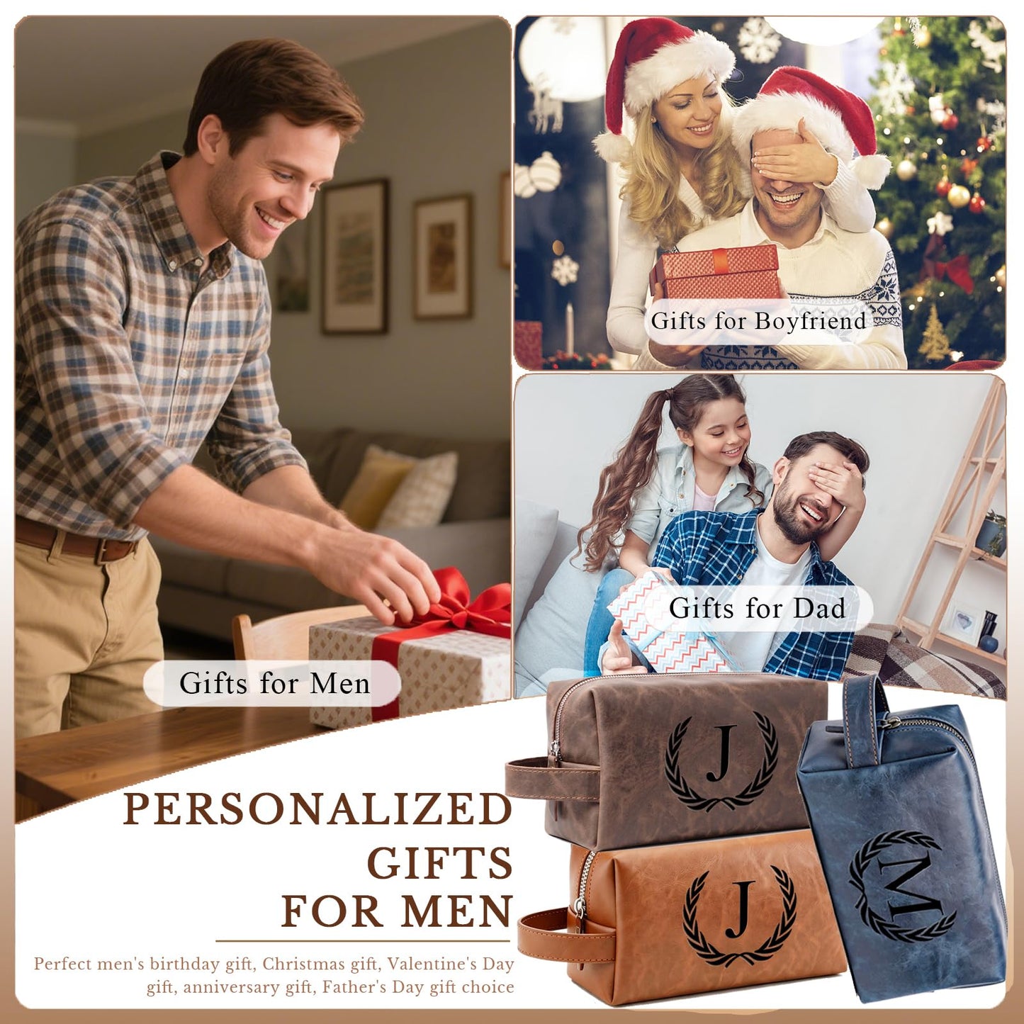 XUMGCUTM Personalized Gifts for Men Dad Husband Groomsmen,Mens Leather Toiletry Travel Bag,Engraved Initial Waterproof Shaving Bags,Birthday Christmas Gift for Men(J, Dark Brown)