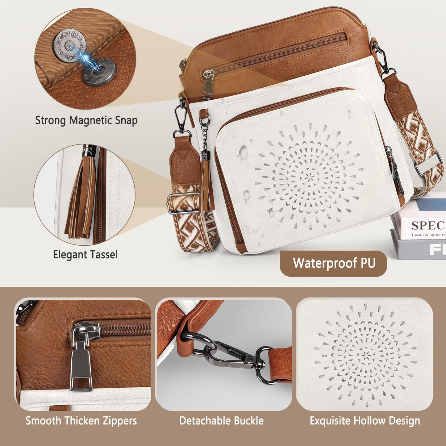 RAINSMORE Crossbody Bags for Women Leather Crossbody Purse Designer Womens Shouler Bags Handbags Trendy Medium Cross Body Purse Travel Work, white brown