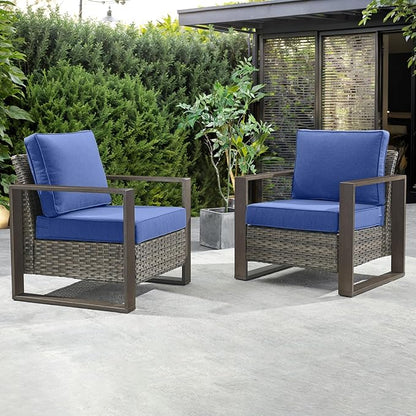 Rilyson Wicker Outdoor Patio Chairs Set of 2, Rattan Patio Furniture Chairs with Sturdy Frame,All-Weather PE Wicker,Wide Armrest,Deep Seating and Thick Cushions for Deck Porch Garden(Mixed Grey/Blue)