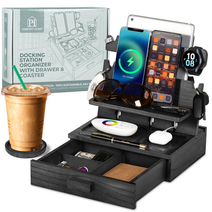 Black Wood Phone Docking Station for up to 3 Phones - Nightstand Organizer for Men & Women, Compatible with Apple Watch, Holds Phones, Tablets, Keys, Rings, Glasses, Watches, EDC & More