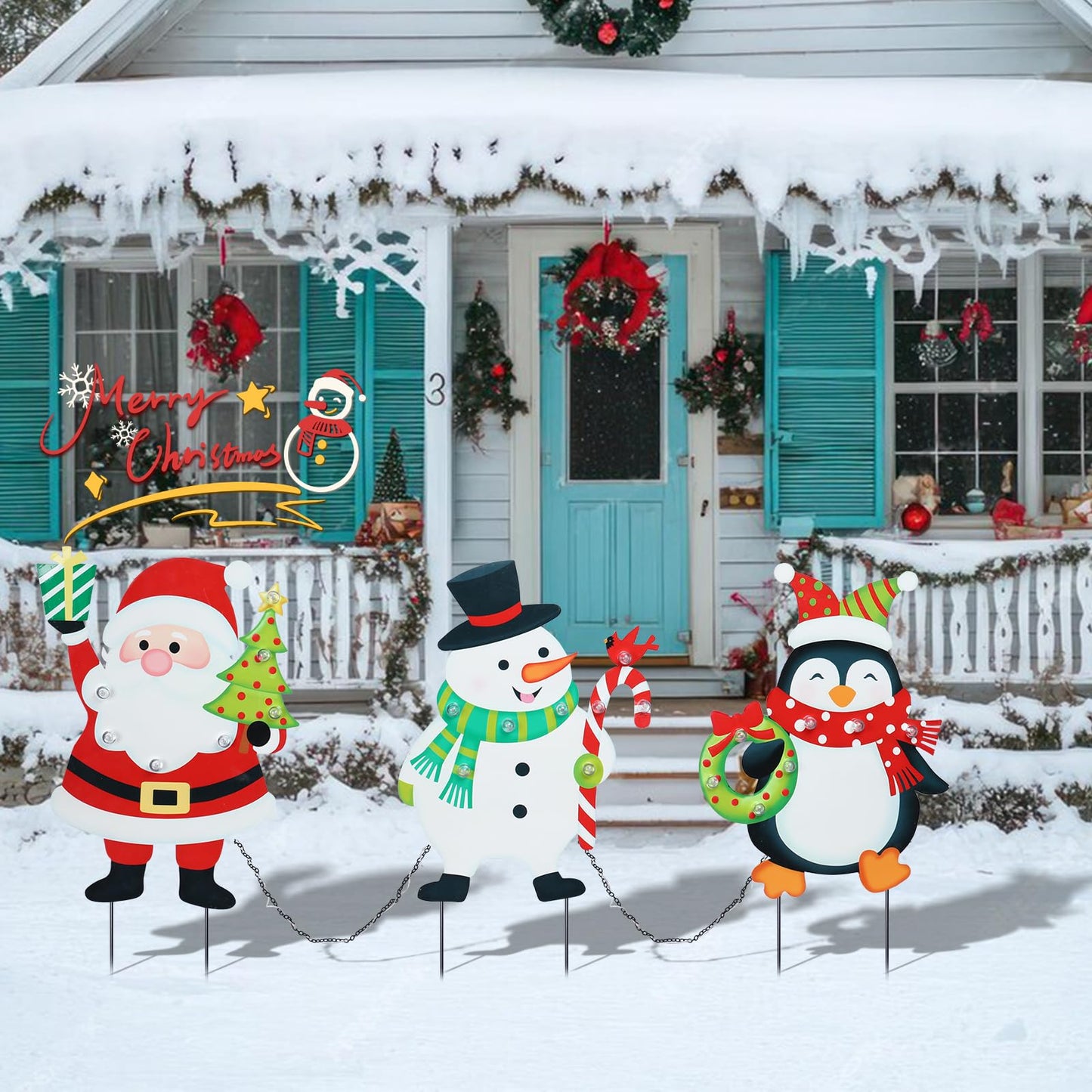WONDER GARDEN Christmas Yard Stakes, 3 PCS LED Light Xmas Yard Signs with Santa Claus, Snowman, Penguin Christmas Yard Decorations for Lawn Party Decorations