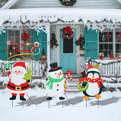 WONDER GARDEN Christmas Yard Stakes, 3 PCS LED Light Xmas Yard Signs with Santa Claus, Snowman, Penguin Christmas Yard Decorations for Lawn Party Decorations
