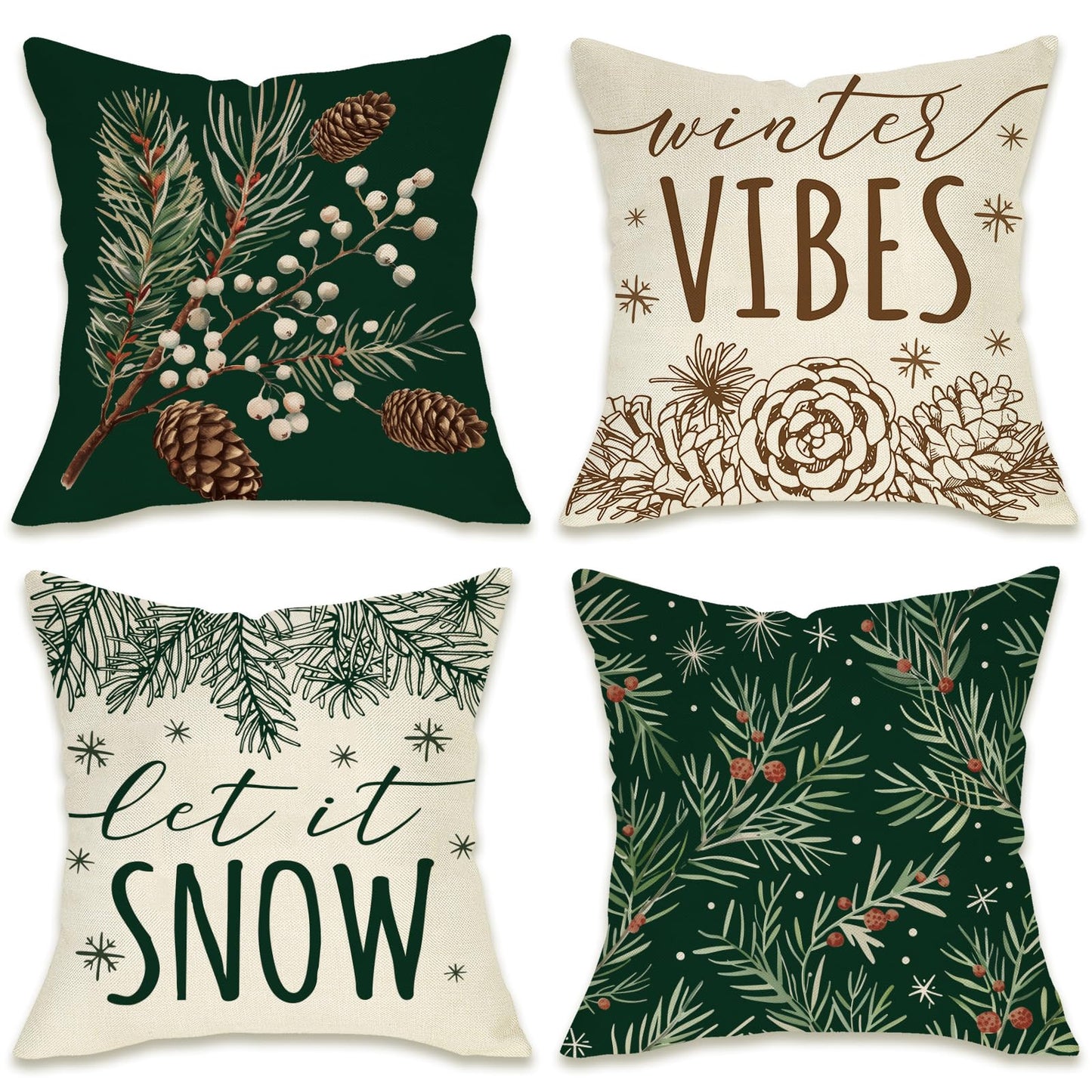Fahrendom Winter Vibes Green Decorative Throw Pillow Covers 18 x 18 Set of 4, Let It Snow Pine Cones Needle Berry Porch Patio Outdoor Pillowcase, Christmas Seasonal Sofa Couch Cushion Case Home Decor