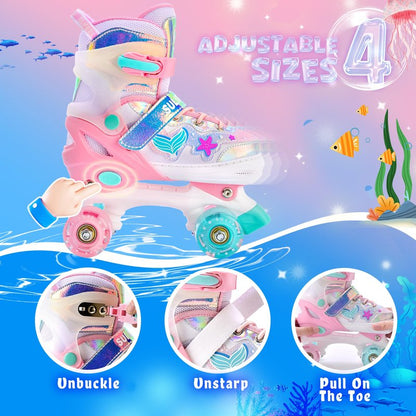 SULIFEEL Roller Skates for Girls Kids with Light Up Wheels, Adjustable 4 Sizes for Little Kids Toddler Beginner Rollerskates