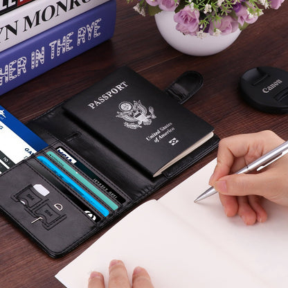 WALNEW Passport Holder for Travel, RFID Passport Cover Wallet for Women Men, PU Leather Passport Book Card Holder Case with Pen, Travelling Essentials for Flying