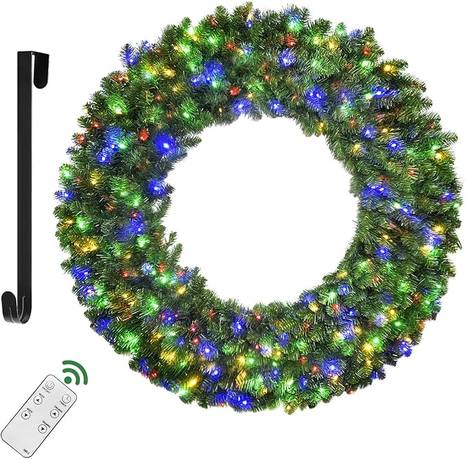 48in Large Christmas Outdoor Wreath - HOYECHI Lighted Wreaths Holiday Decor, Outdoor Wreath with 210 Colorful LEDs,714 PVC Tips, Metal Hook, 9 Functions, Timer, Power Plug-in, Remote Controls