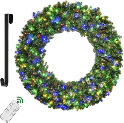 48in Large Christmas Outdoor Wreath - HOYECHI Lighted Wreaths Holiday Decor, Outdoor Wreath with 210 Colorful LEDs,714 PVC Tips, Metal Hook, 9 Functions, Timer, Power Plug-in, Remote Controls