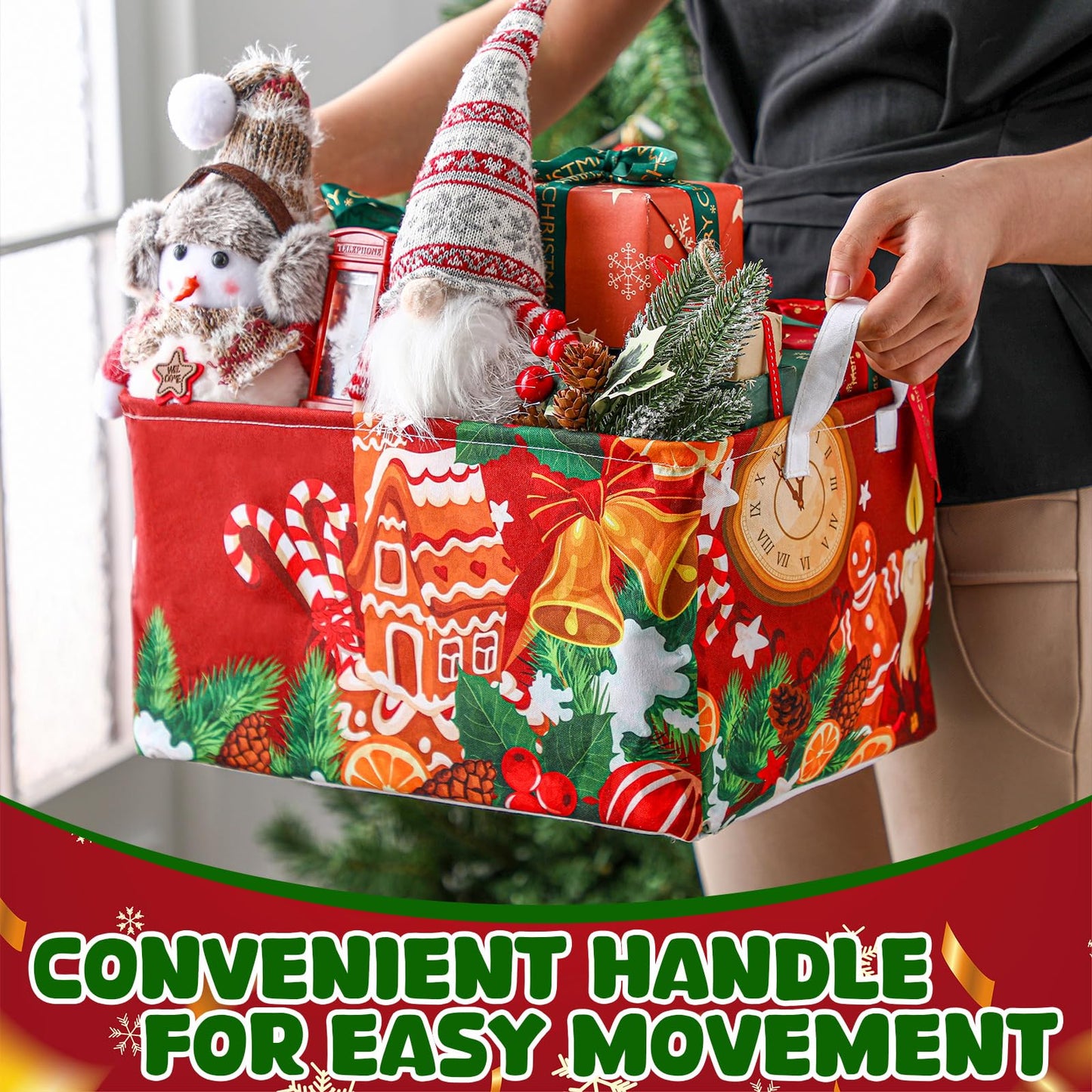 Breling 4 Pcs Christmas Storage Basket Gingerbread Man Santa Claus Snowman Basket with Handles Large Collapsible Storage Bins Boxes for Xmas Gift Laundry Shelves Home Office, 15 x 10 x 8 Inch