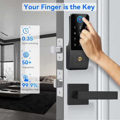 Smart Fingerprint Digital Door Lock - Keypad Lock and 2-Lever Handle Set,Keyless Entry Deadbolt for Front Door, App & Voice Control, Auto-Lock, Anti-Peep,Matte Black
