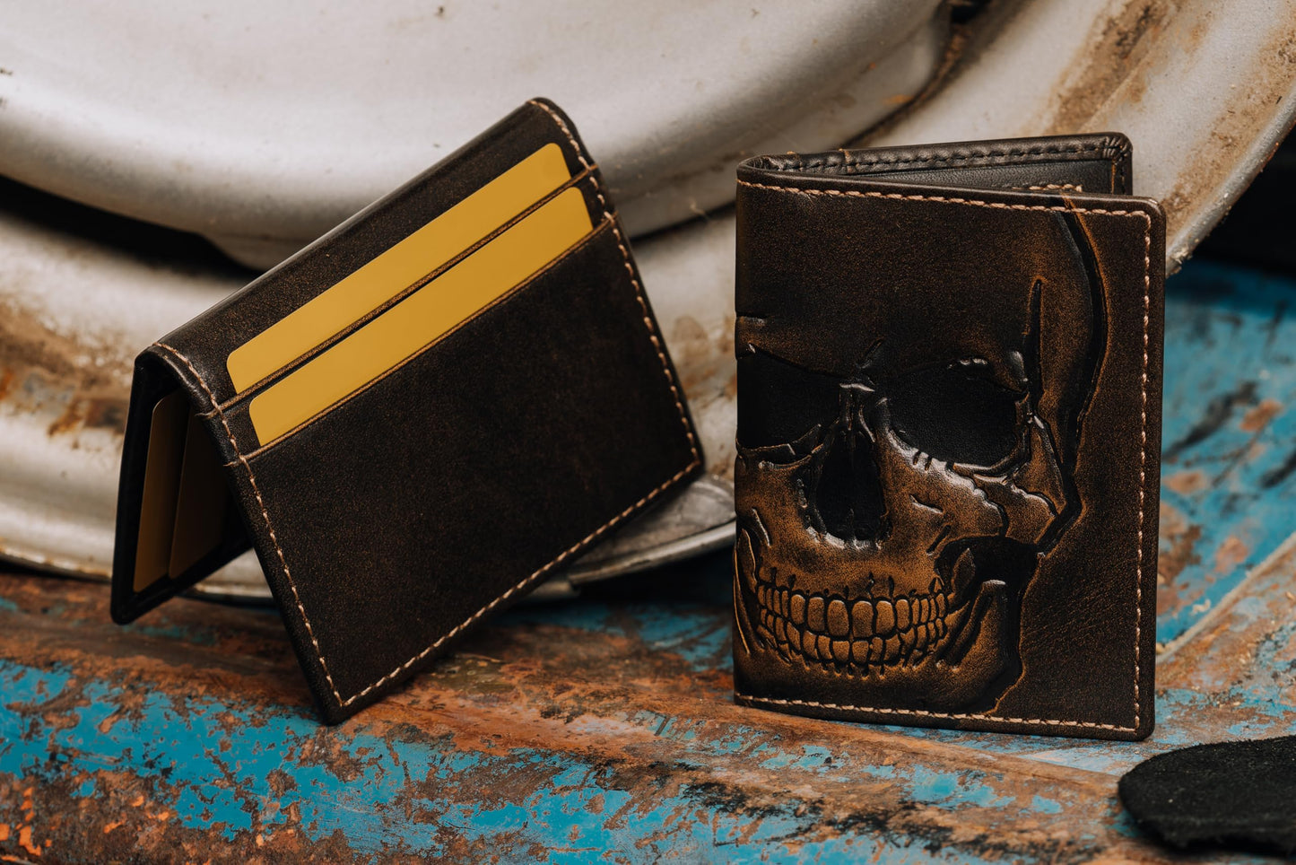 House of Jack Co. Skull Men's Slim Card Wallet, Minimalist Front Pocket Bifold Card Holder, Full Grain Leather, 6 Card Slots with ID Window, Embossed Skull, Gift for Men, Black