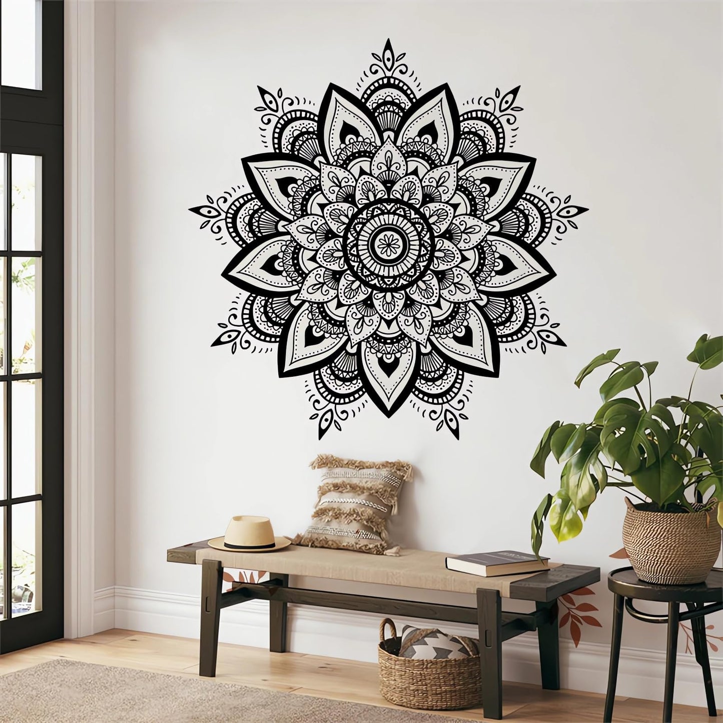 Black Mandala Wall Stickers, Boho Mandala Indian Namaste Flower Wall Decals Datura Stramonium Removable Vinyl Peel and Stick Living Room Bedroom Sofa TV Background Art Home Decor
