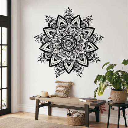 Black Mandala Wall Stickers, Boho Mandala Indian Namaste Flower Wall Decals Datura Stramonium Removable Vinyl Peel and Stick Living Room Bedroom Sofa TV Background Art Home Decor