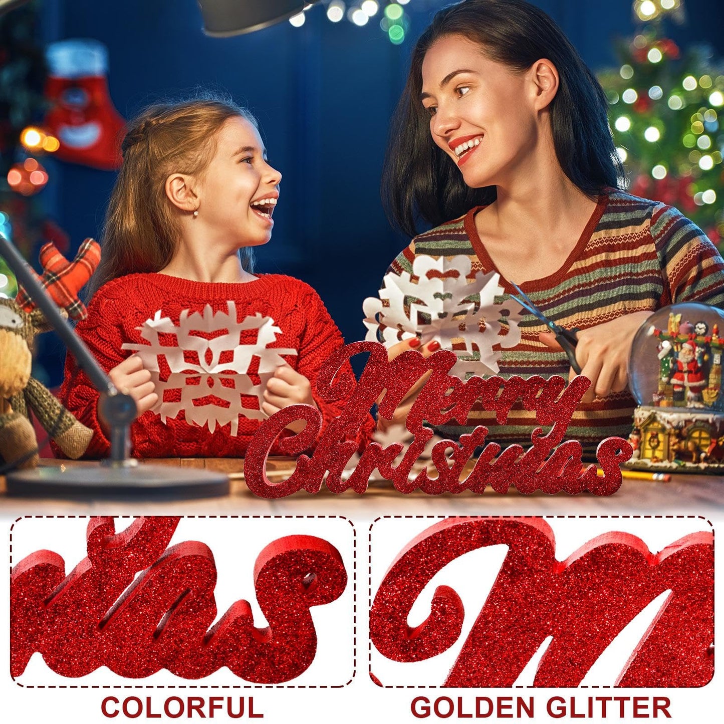 Merry Christmas Signs Merry Christmas Glitter Wood Block Freestanding Tabletop Holiday Home Decor Merry Christmas Freestanding Cutout Wood Block for Xmas Party Table Centerpiece Holiday Decor (Red)