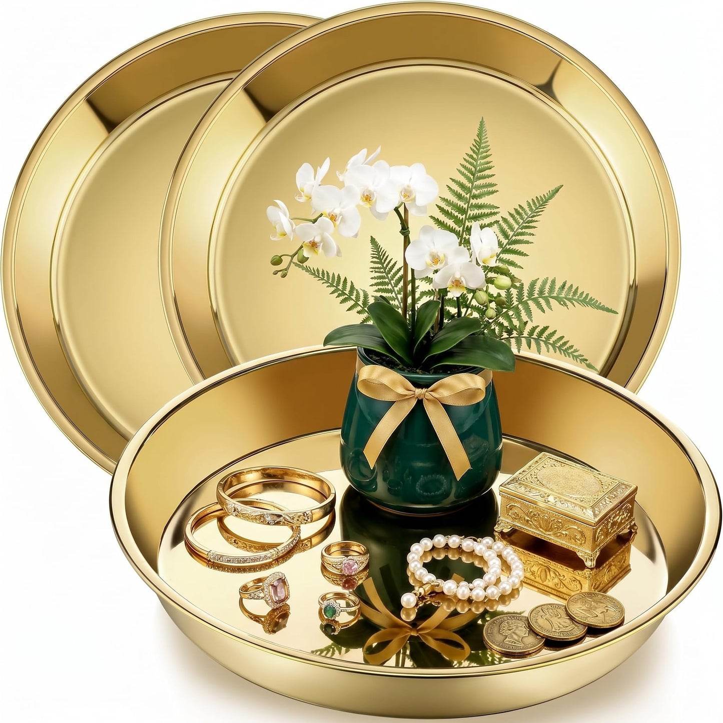 Thenshop 3 Pcs 15 Inch Gold Round Serving Tray Stainless Steel Circle Decorative Vanity Gold Plate Metal Jewelry Makeup Organizer Dishes for Gift Wedding Coffee Table Bathroom Dessert Christmas
