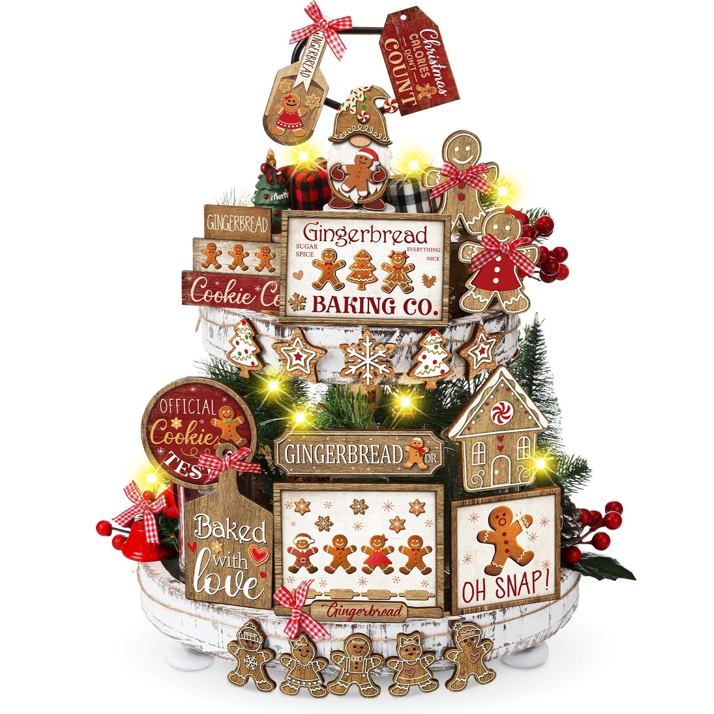 Shellwei 24 Pcs Christmas Tiered Tray Decor Set Wood Rustic Gingerbread Christmas Decoration Winter Farmhouse Decor Xmas Trees Gnome Elk Snowflake Signs for Table Shelf Home Centerpiece (Cute)
