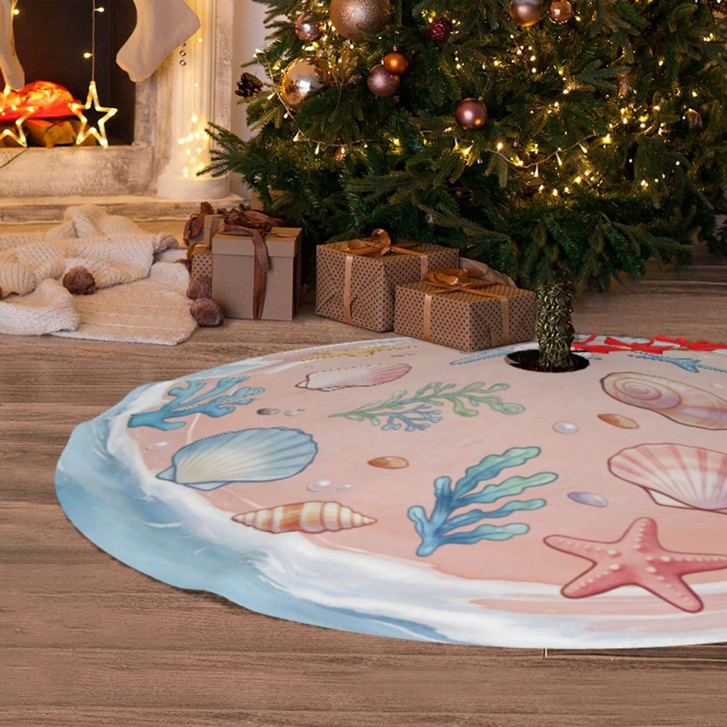 Summer Beach Shell Starfish Tree Skirt 36" Tree Mat for Christmas Tree Topper Holiday Party Yard Decorations Indoor Outdoor Ornaments 36"