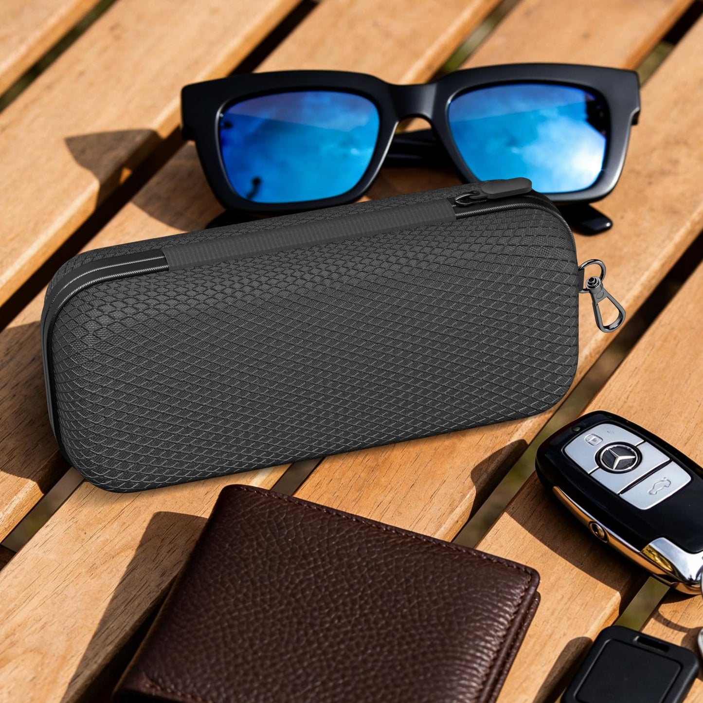 LUREMADE Double Oversized Eyeglasses Case Dual Sunglasses Case Hard Shell Glasses Case with Clip Metal Carabiner Travel, Black